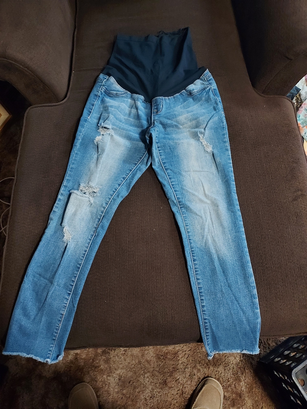 Light Blue Distressed Maternity Skinny Jeans with Black Support Panel